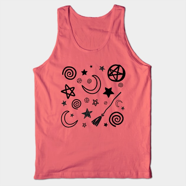 Blessed Be, Broom Stick, Harm None, Pentacle, Spiral, Star… in black + white Tank Top by drumweaver